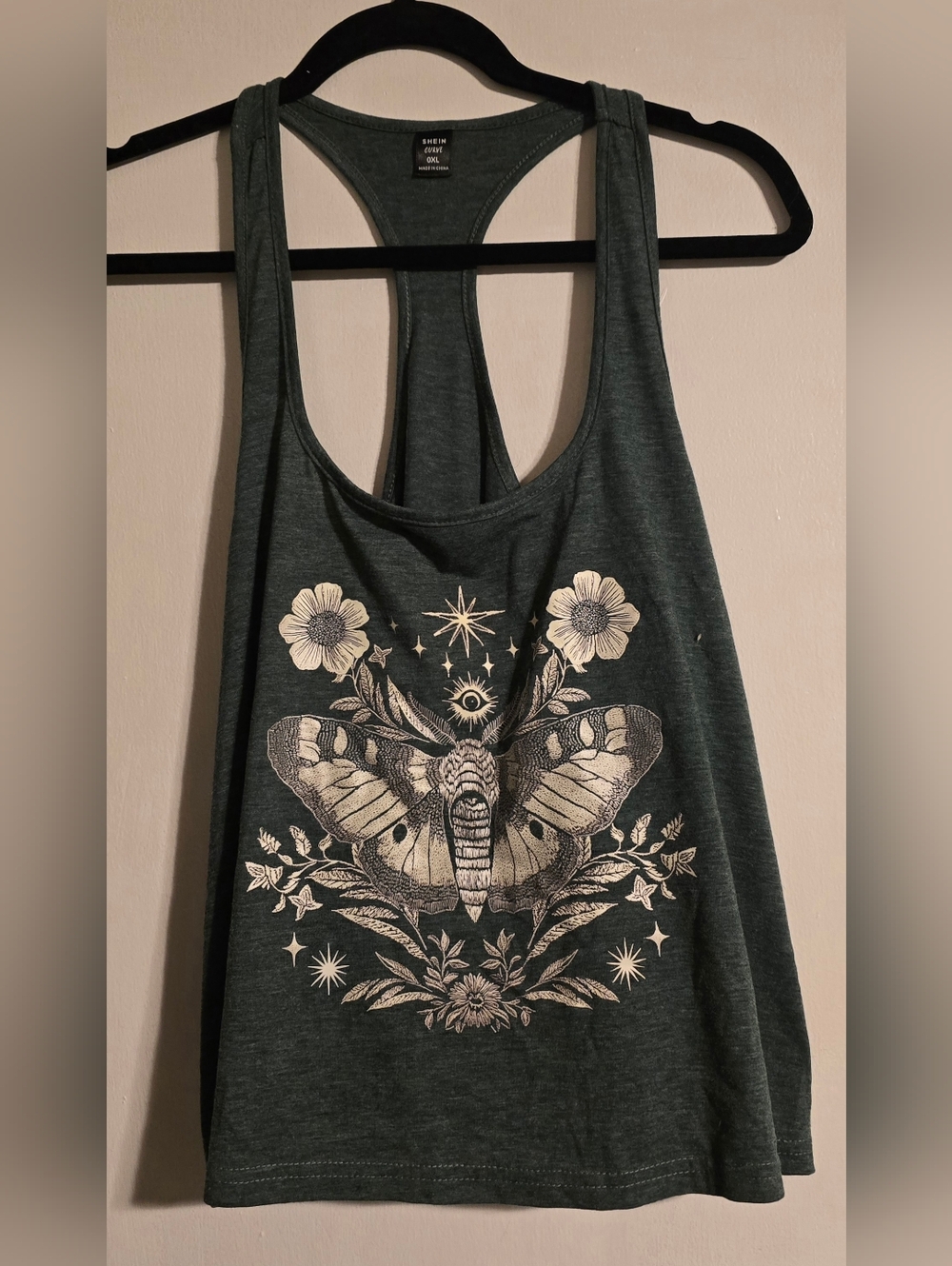 SHEIN Dark Green Racerback Tank with Cream Moth & Floral Graphic